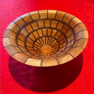 Cherry & Walnut Wooden Decorative Bowl with Geometric Pattern